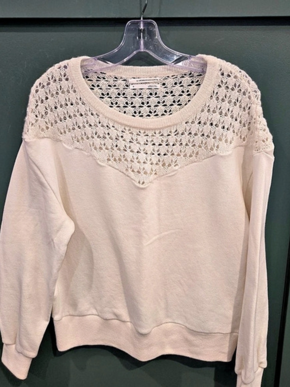 Anthropologie Crochet Yoke Pullover Sweatshirt in Cream Size Medium Romantic